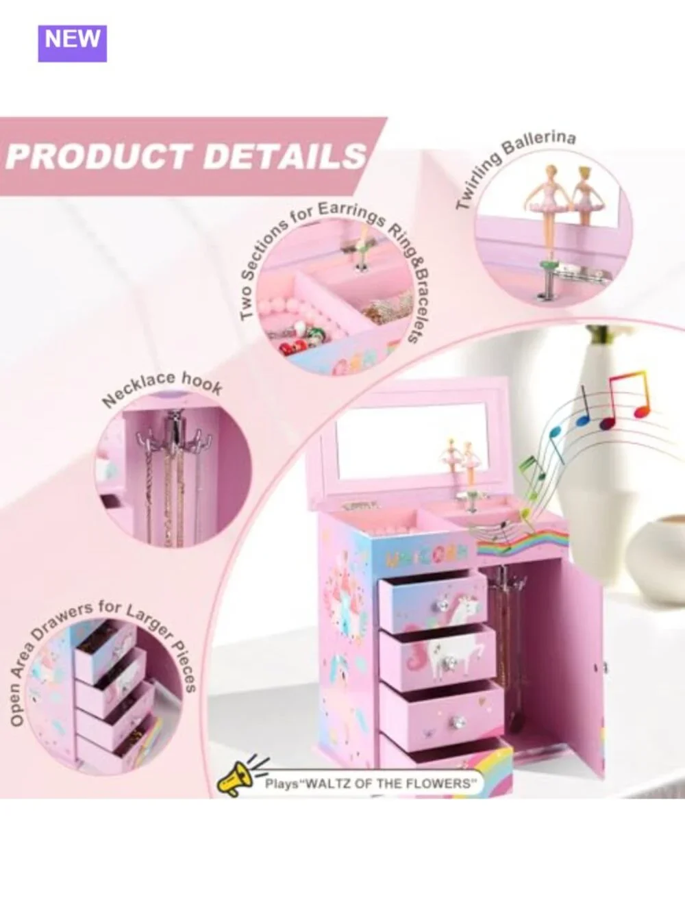 5-Layer Musical Jewelry Box Spinning Ballerina Unicorn Castle Design Jewelry